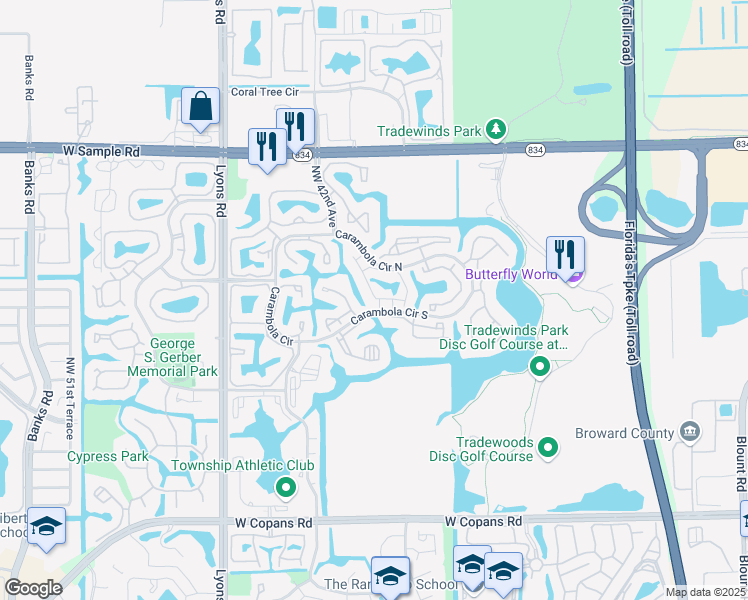 map of restaurants, bars, coffee shops, grocery stores, and more near 104 Baywood III in Coconut Creek
