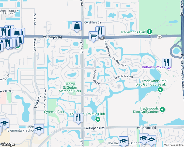 map of restaurants, bars, coffee shops, grocery stores, and more near 3276 Carambola Circle in Coconut Creek
