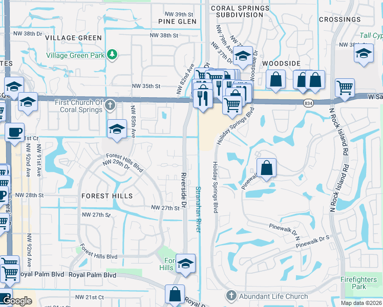 map of restaurants, bars, coffee shops, grocery stores, and more near 3069 Riverside Drive in Coral Springs