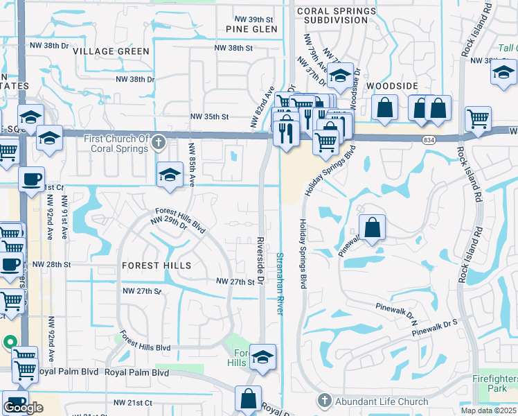 map of restaurants, bars, coffee shops, grocery stores, and more near 3069 Riverside Drive in Coral Springs