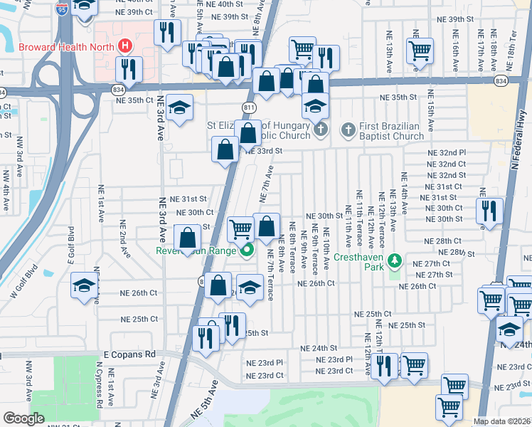 map of restaurants, bars, coffee shops, grocery stores, and more near 2950 Northeast 7th Avenue in Pompano Beach