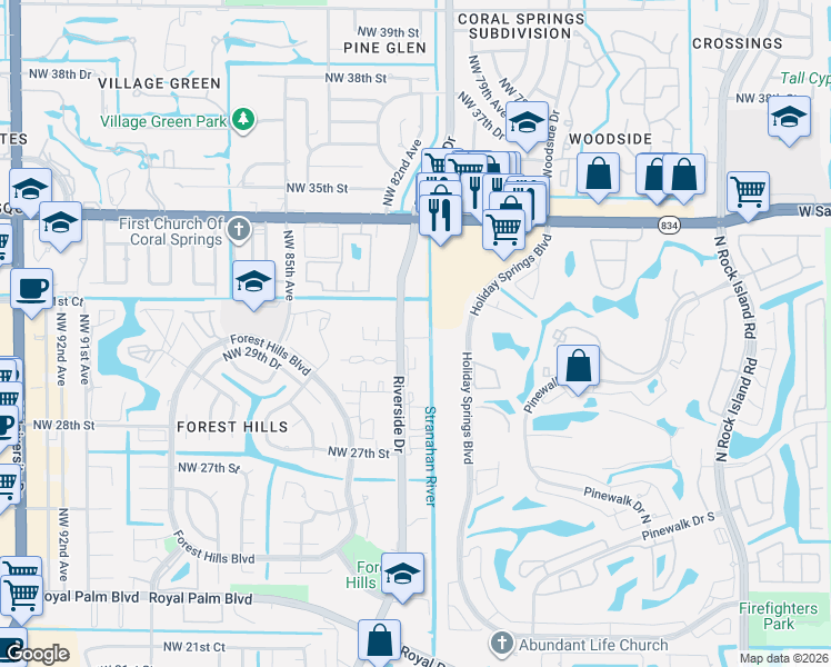 map of restaurants, bars, coffee shops, grocery stores, and more near 3069 Riverside Drive in Coral Springs