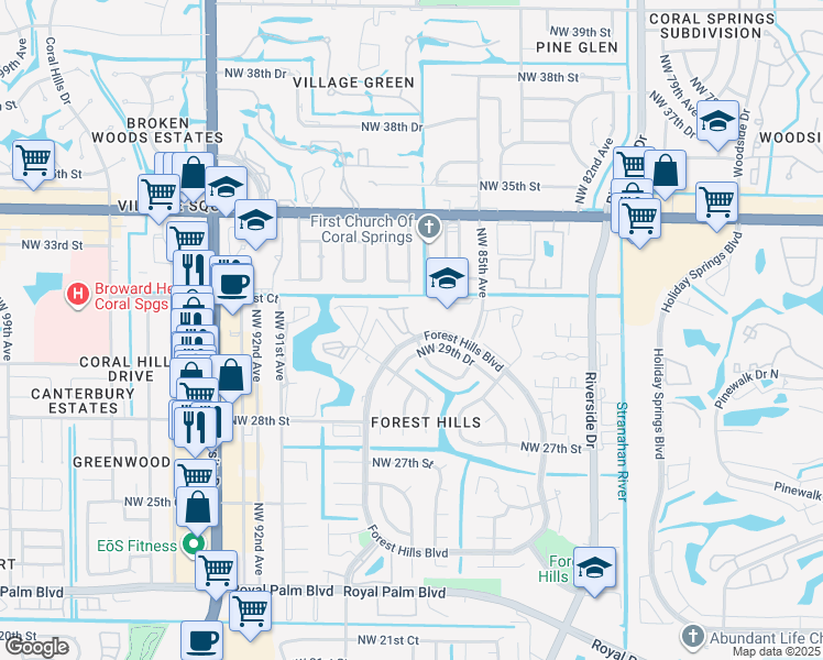 map of restaurants, bars, coffee shops, grocery stores, and more near 8701 Cache in Coral Springs