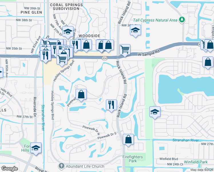 map of restaurants, bars, coffee shops, grocery stores, and more near 3480 Pinewalk Drive North in Margate