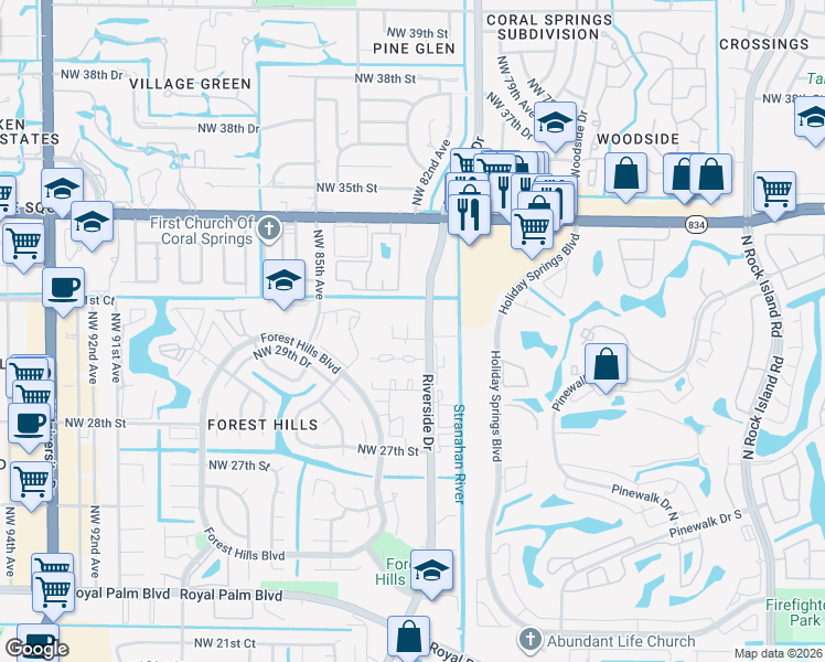 map of restaurants, bars, coffee shops, grocery stores, and more near 3058 Riverside Drive in Coral Springs