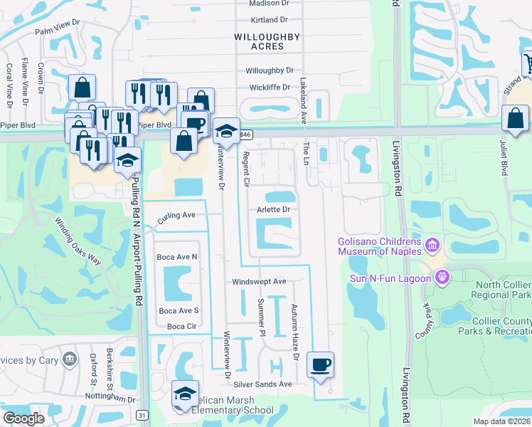 map of restaurants, bars, coffee shops, grocery stores, and more near 3332 Arlette Drive in Naples