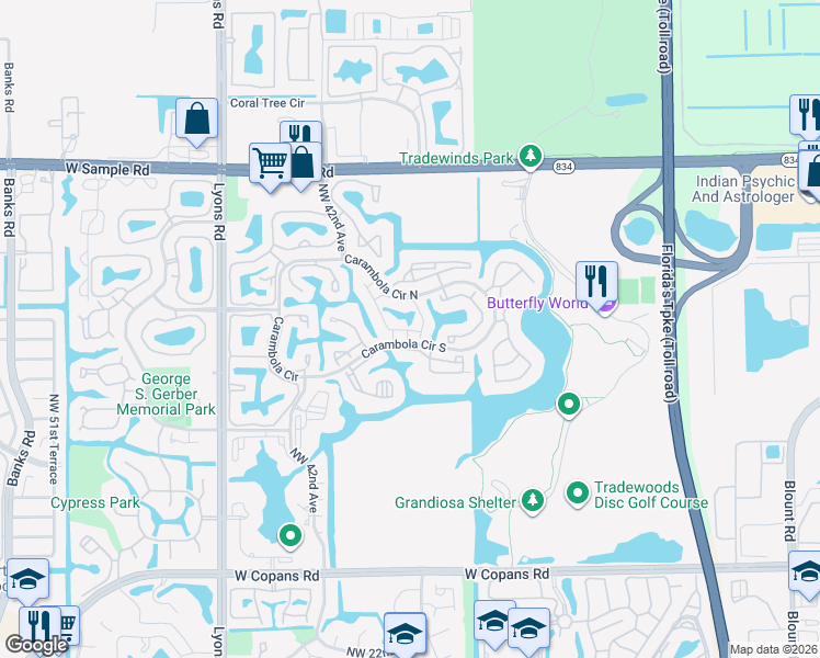 map of restaurants, bars, coffee shops, grocery stores, and more near 104 Baywood III in Coconut Creek