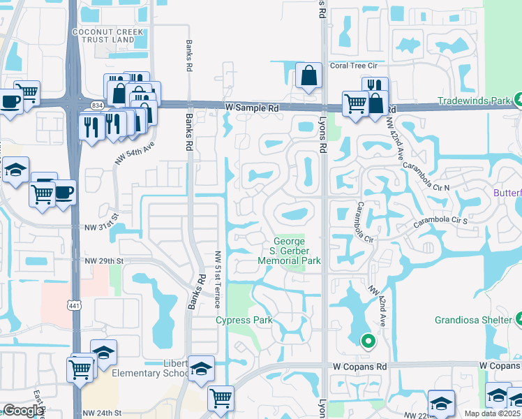 map of restaurants, bars, coffee shops, grocery stores, and more near 3937 Cocoplum Circle in Coconut Creek
