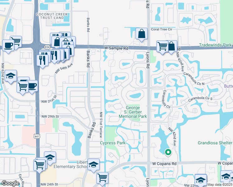 map of restaurants, bars, coffee shops, grocery stores, and more near 19 Cocoplum Circle in Coconut Creek