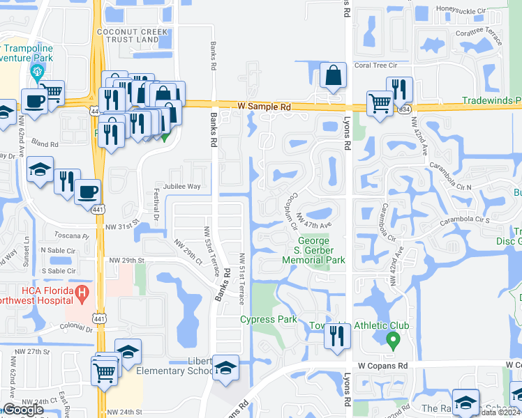 map of restaurants, bars, coffee shops, grocery stores, and more near 19 Cocoplum Circle in Coconut Creek