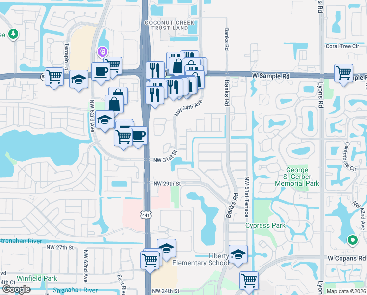 map of restaurants, bars, coffee shops, grocery stores, and more near 5550 Fiesta Way in Margate