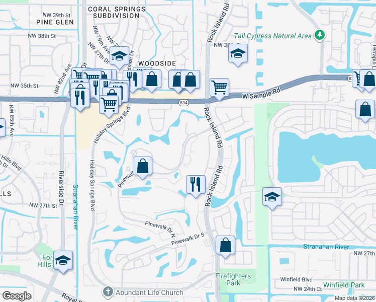 map of restaurants, bars, coffee shops, grocery stores, and more near 3480 Pinewalk Drive North in Margate
