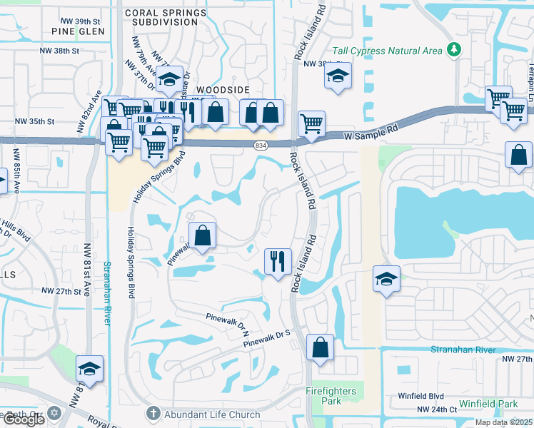 map of restaurants, bars, coffee shops, grocery stores, and more near 3480 Pinewalk Drive North in Margate