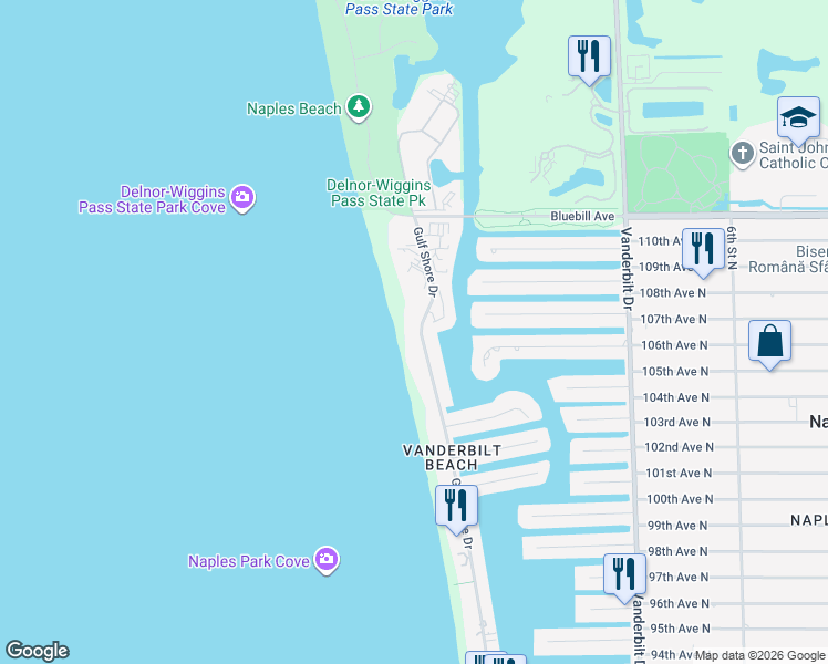 map of restaurants, bars, coffee shops, grocery stores, and more near 10633 Gulf Shore Drive in Naples