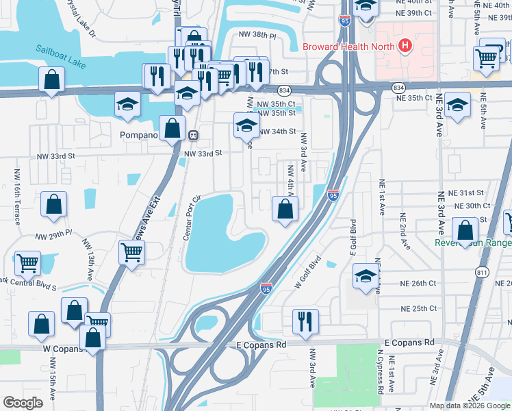 map of restaurants, bars, coffee shops, grocery stores, and more near 3001 Northwest 5th Terrace in Pompano Beach