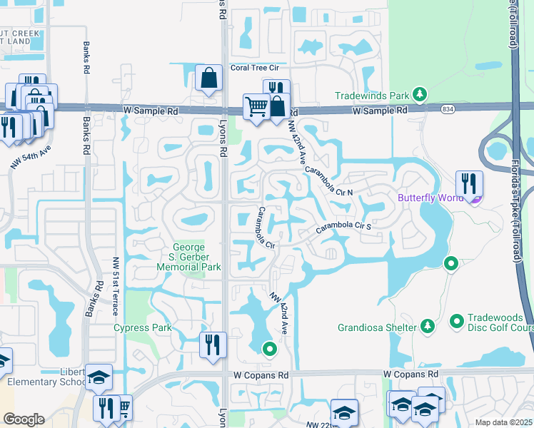map of restaurants, bars, coffee shops, grocery stores, and more near 3276 Carambola Circle in Coconut Creek