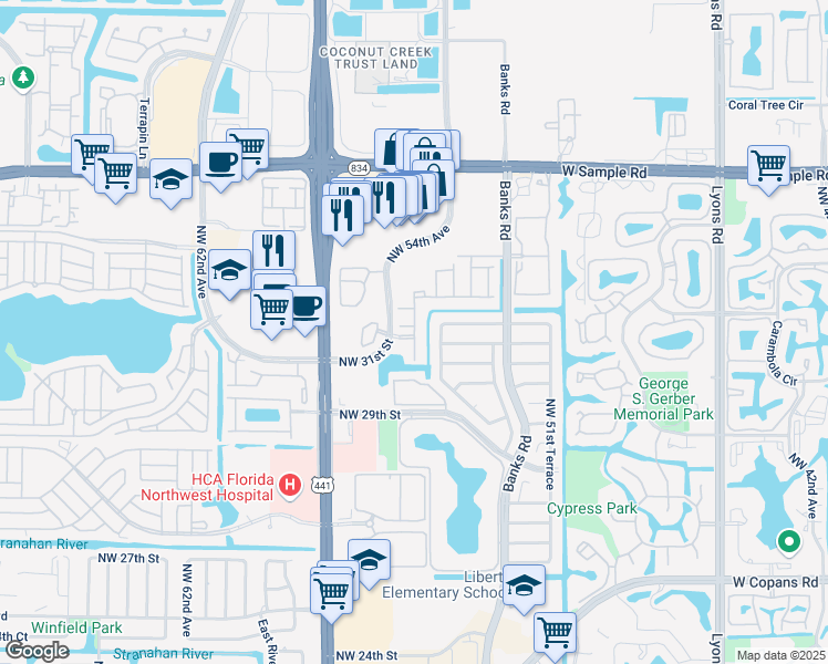map of restaurants, bars, coffee shops, grocery stores, and more near 3211 Northwest 54th Terrace in Margate