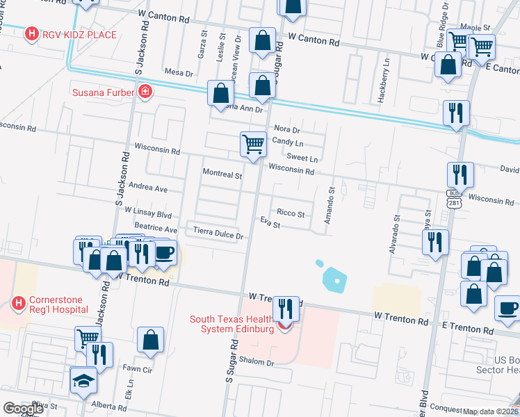 map of restaurants, bars, coffee shops, grocery stores, and more near 3723 South Sugar Road in Edinburg