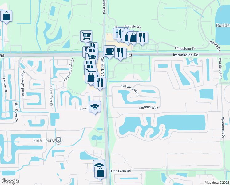 map of restaurants, bars, coffee shops, grocery stores, and more near 15076 Toscana Way in Naples