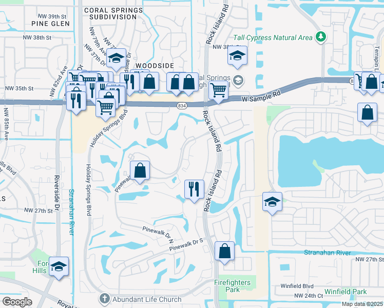 map of restaurants, bars, coffee shops, grocery stores, and more near 3480 Pinewalk Drive North in Margate