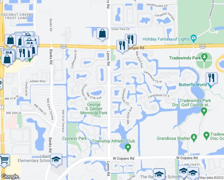 map of restaurants, bars, coffee shops, grocery stores, and more near 3397 Carambola Circle South in Coconut Creek