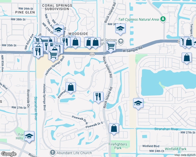 map of restaurants, bars, coffee shops, grocery stores, and more near 3480 Pinewalk Drive North in Margate