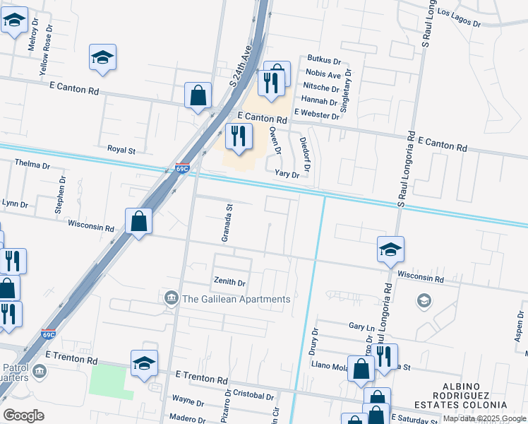 map of restaurants, bars, coffee shops, grocery stores, and more near 1520 East Sevilla Boulevard in Edinburg