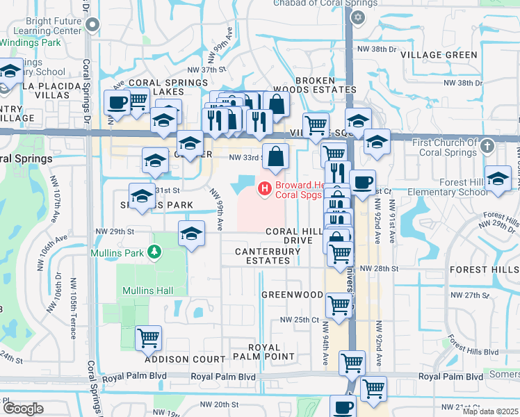 map of restaurants, bars, coffee shops, grocery stores, and more near 3000 Northwest 96th Avenue in Coral Springs