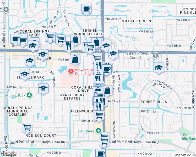 map of restaurants, bars, coffee shops, grocery stores, and more near 3100 North University Drive in Coral Springs
