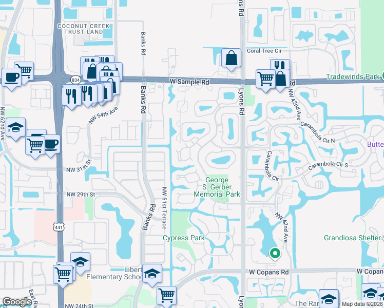 map of restaurants, bars, coffee shops, grocery stores, and more near 3937 Cocoplum Circle in Coconut Creek