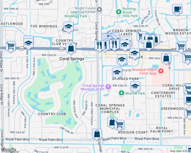 map of restaurants, bars, coffee shops, grocery stores, and more near 3200 Coral Springs Drive in Coral Springs