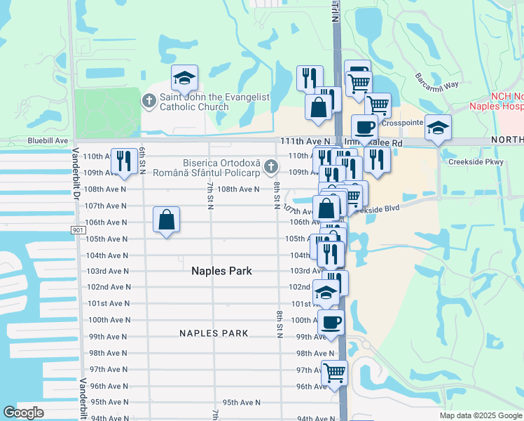map of restaurants, bars, coffee shops, grocery stores, and more near 763 106th Avenue North in Naples