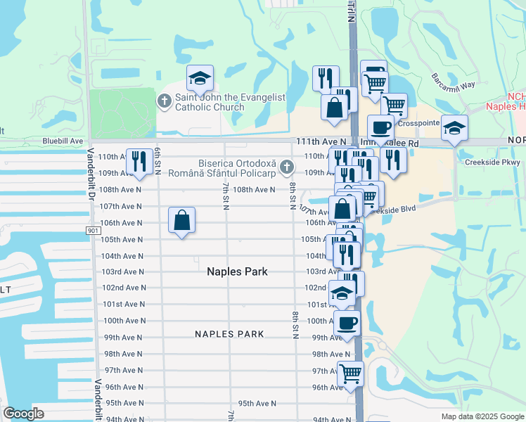 map of restaurants, bars, coffee shops, grocery stores, and more near 763 106th Avenue North in Naples