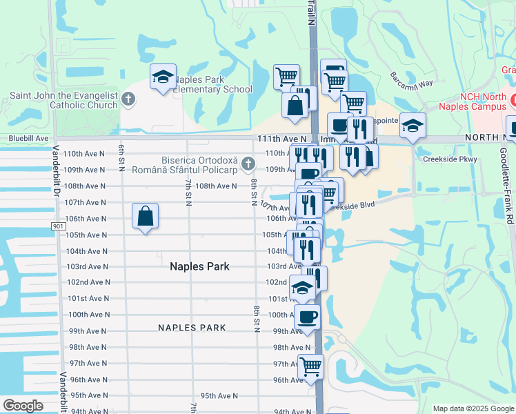 map of restaurants, bars, coffee shops, grocery stores, and more near 799 106th Avenue North in Naples