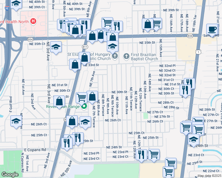 map of restaurants, bars, coffee shops, grocery stores, and more near 2950 Northeast 9th Avenue in Pompano Beach