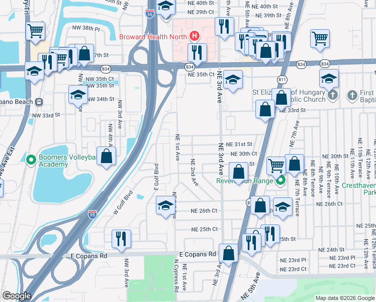 map of restaurants, bars, coffee shops, grocery stores, and more near 110 Northeast 30th Court in Pompano Beach