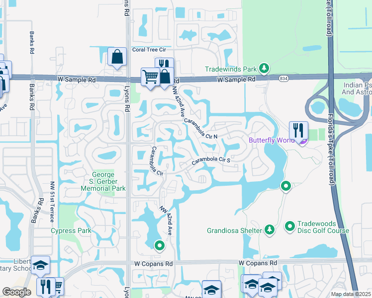 map of restaurants, bars, coffee shops, grocery stores, and more near 4461 Carambola Circle South in Coconut Creek