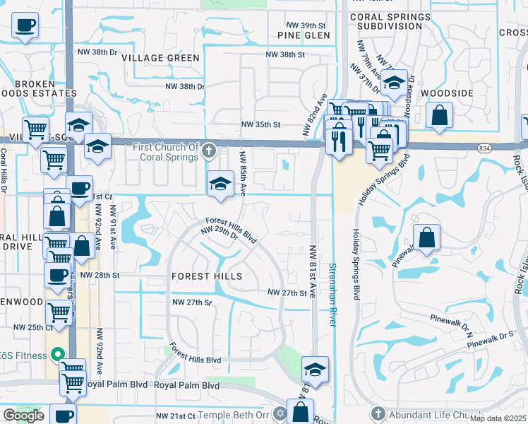 map of restaurants, bars, coffee shops, grocery stores, and more near 8411 Forest Hills Drive in Coral Springs