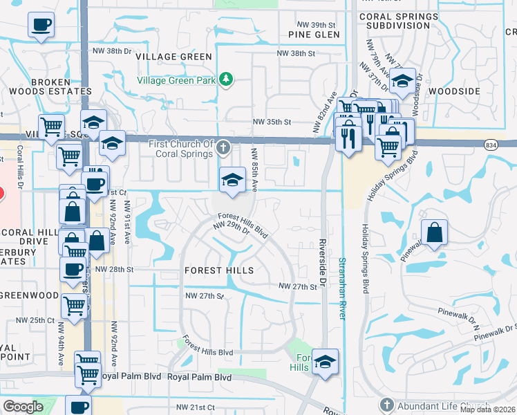 map of restaurants, bars, coffee shops, grocery stores, and more near 8433 Forest Hills Boulevard in Coral Springs