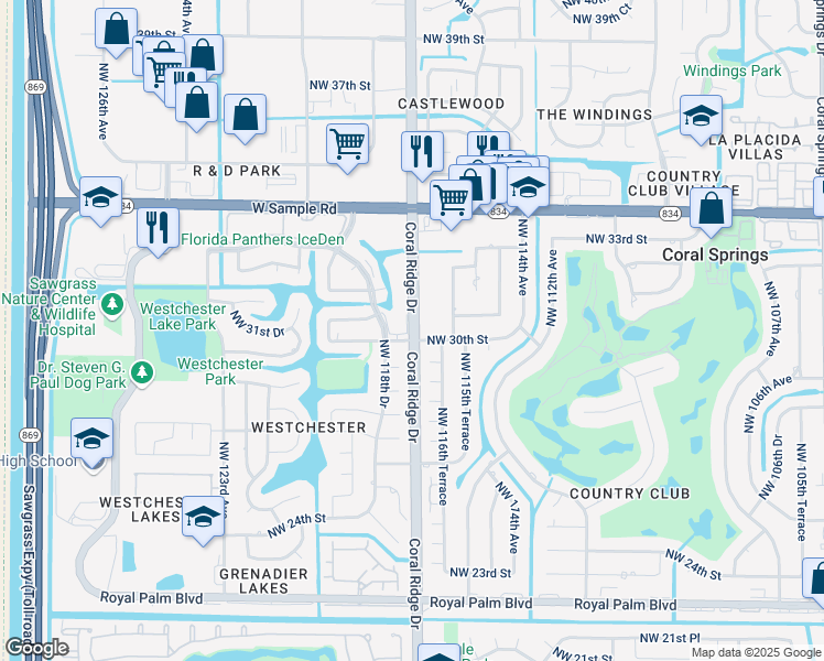 map of restaurants, bars, coffee shops, grocery stores, and more near 11762 Northwest 30th Street in Coral Springs