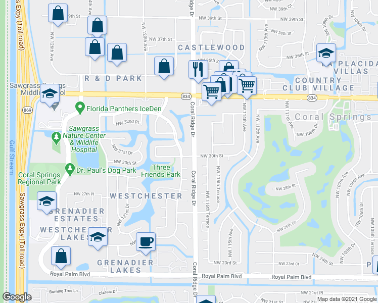 map of restaurants, bars, coffee shops, grocery stores, and more near 11762 Northwest 30th Street in Coral Springs