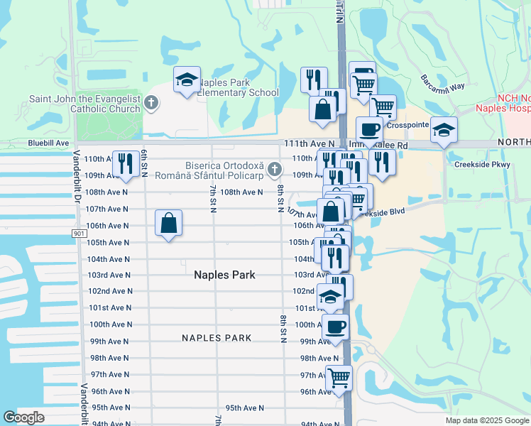 map of restaurants, bars, coffee shops, grocery stores, and more near 763 106th Avenue North in Naples