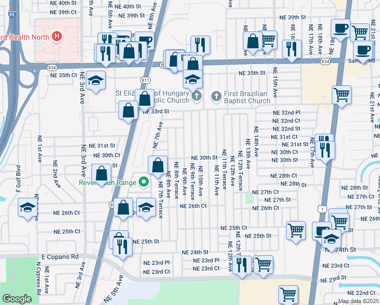 map of restaurants, bars, coffee shops, grocery stores, and more near 2950 Northeast 9th Avenue in Pompano Beach