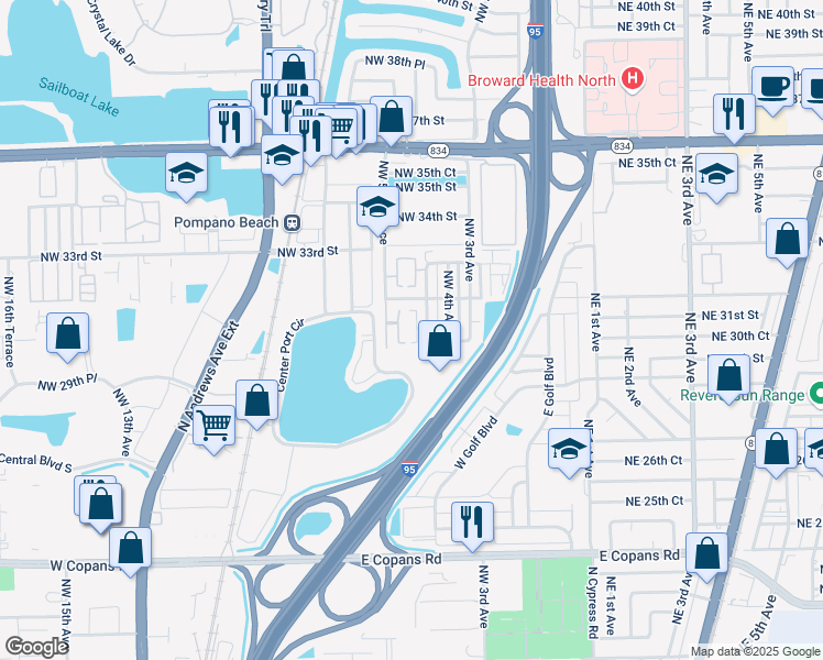 map of restaurants, bars, coffee shops, grocery stores, and more near 3001 Northwest 4th Terrace in Pompano Beach