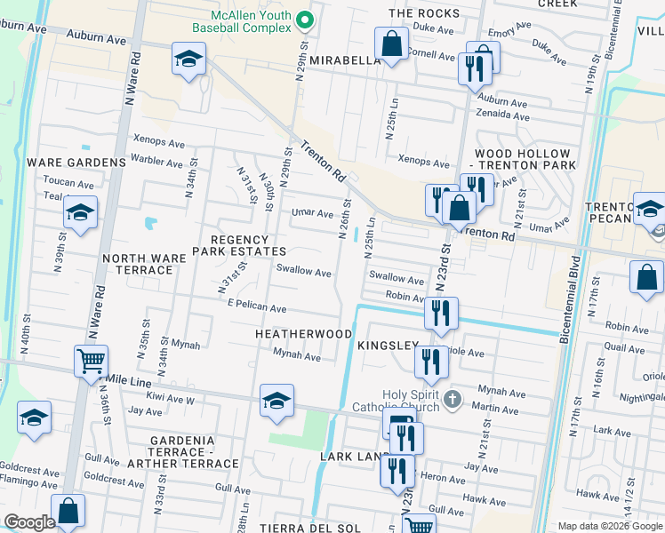 map of restaurants, bars, coffee shops, grocery stores, and more near 7024 North 26th Street in McAllen