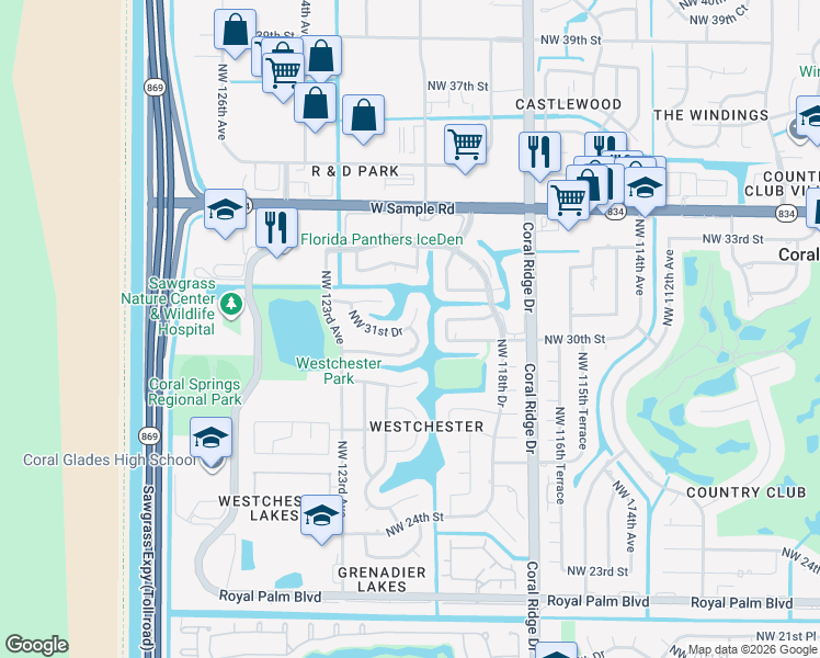 map of restaurants, bars, coffee shops, grocery stores, and more near 12073 Northwest 30th Street in Coral Springs
