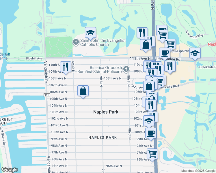 map of restaurants, bars, coffee shops, grocery stores, and more near 722 107th Avenue North in Naples