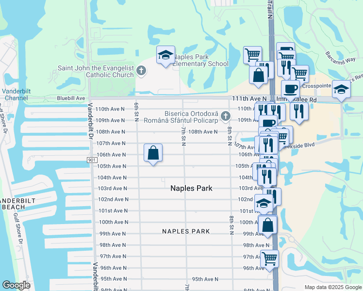 map of restaurants, bars, coffee shops, grocery stores, and more near 691 106th Avenue North in Naples
