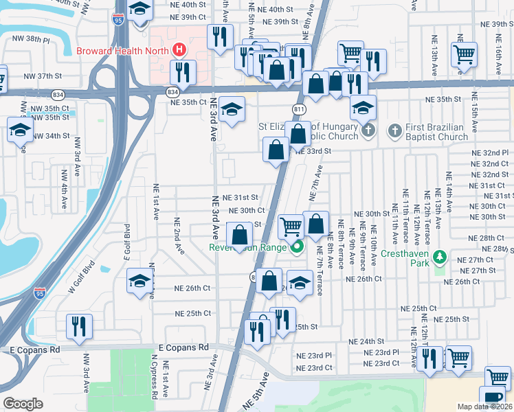 map of restaurants, bars, coffee shops, grocery stores, and more near 500 Northeast 30th Court in Pompano Beach