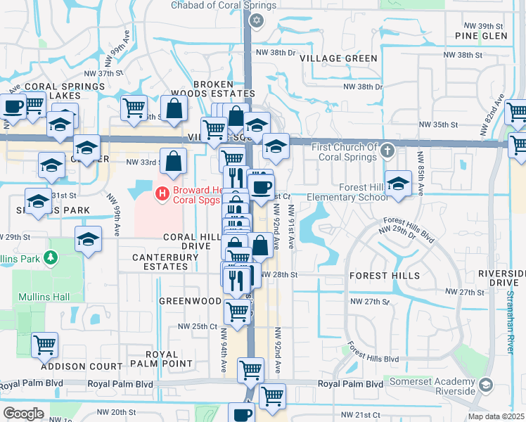 map of restaurants, bars, coffee shops, grocery stores, and more near 3003 North University Drive in Coral Springs